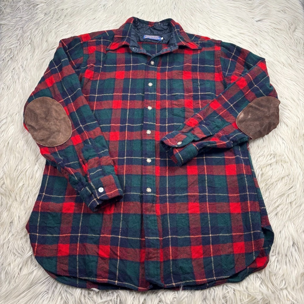 Vintage Pendleton Men's L LONG Red Green Plaid Wool Flannel Shirt Elbow Pads